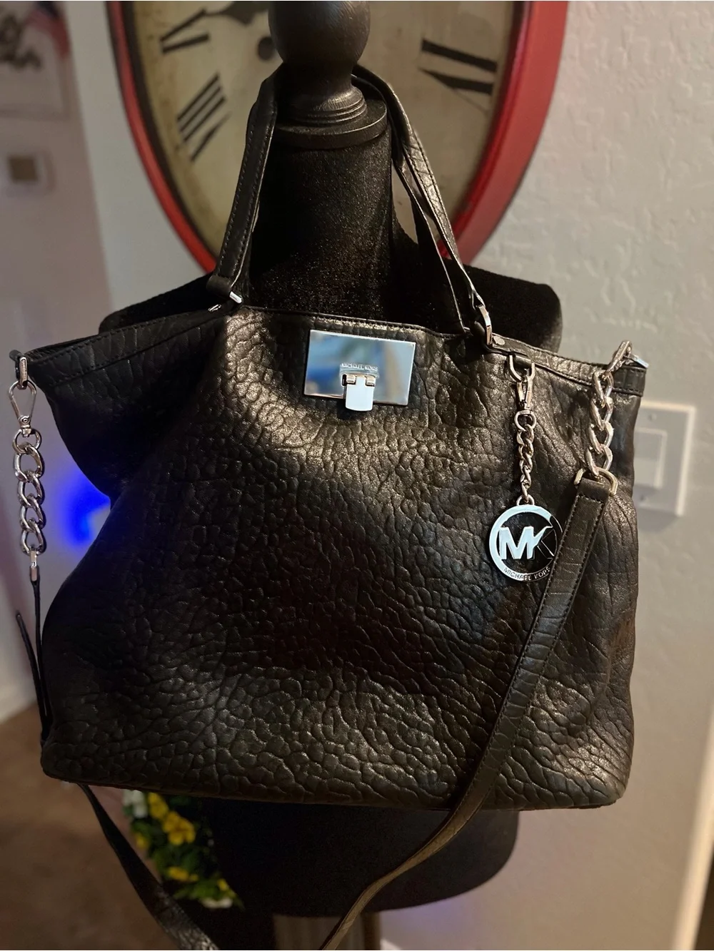 Michael Kors Black Shoulder Bag with Silver Hardware and MK Charm